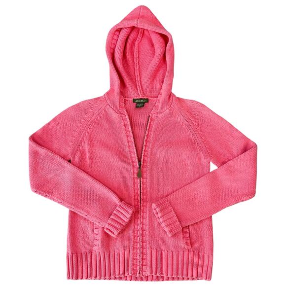 Vintage 90's Eddie Bauer Pink Cotton Blend Knit Full Zip Hooded Sweater Jacket S - Picture 1 of 14